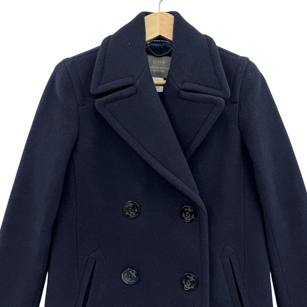 Vintage J. Crew Womens Pea Coat 00 Navy Blue‎ Double Breasted Stadium Cloth - Picture 2 of 12